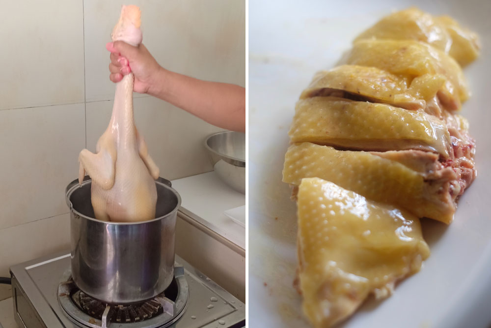 hainanese chicken poaching Learn secret techniques to make juicy chicken